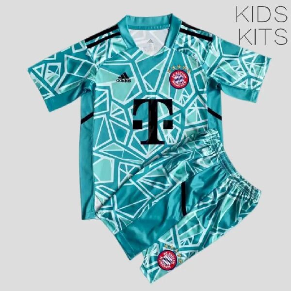 Bayern Munich 202223 Goalkeeper Kids Jersey And Shorts Kit Lake Blue 36341