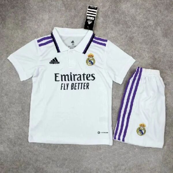 Real Madrid 202223 Home Kids Jersey And Shorts Kit 42575 1